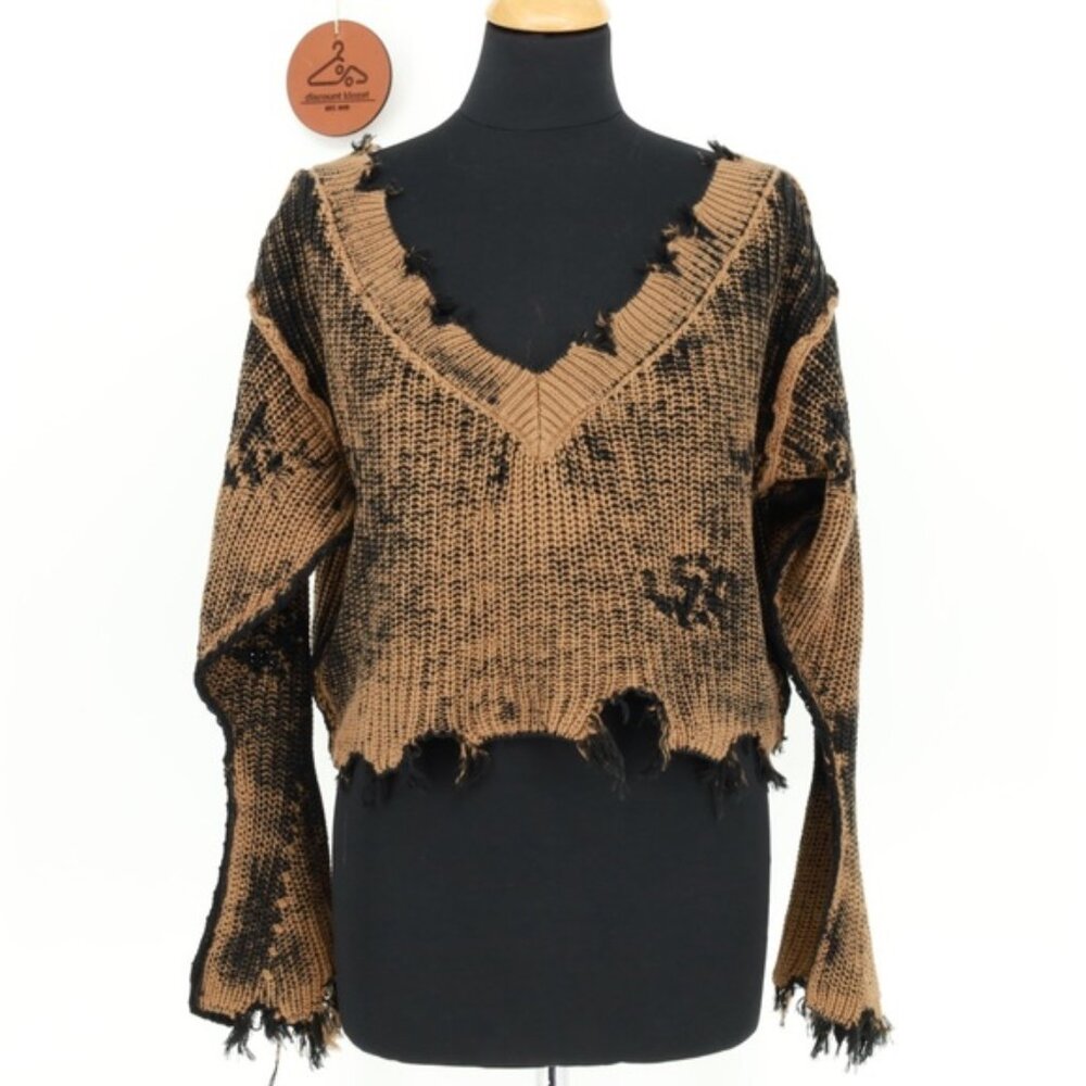 SER.O.YA Skye Cognac Dye Effect V-Neck Cropped Relaxed Fit Distressed Sweater
